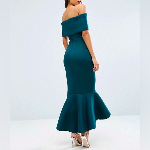 ASOS PREMIUM - GREEN DEEP FOLD OFF SHOULDER PEPLUM MIDI DRESS - Picture 5 of 5